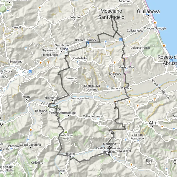 Miniatura della mappa di ispirazione al ciclismo "Giro in bicicletta da Mosciano Sant'Angelo attraverso Morro d'Oro e Stampalone" nella regione di Abruzzo, Italy. Generata da Tarmacs.app, pianificatore di rotte ciclistiche