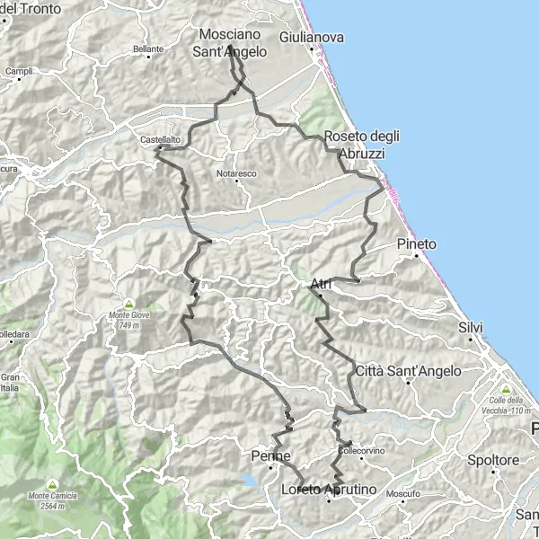 Miniature de la carte de l'inspiration cycliste "Aventure époustouflante à travers Montepagano et Penne" dans la Abruzzo, Italy. Générée par le planificateur d'itinéraire cycliste Tarmacs.app
