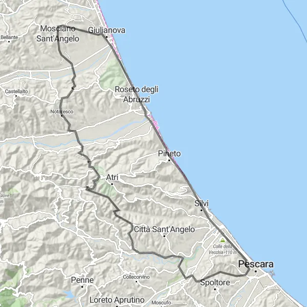 Miniatura mapy "Trasa szosowa przez Belvedere i Cappelle sul Tavo" - trasy rowerowej w Abruzzo, Italy. Wygenerowane przez planer tras rowerowych Tarmacs.app