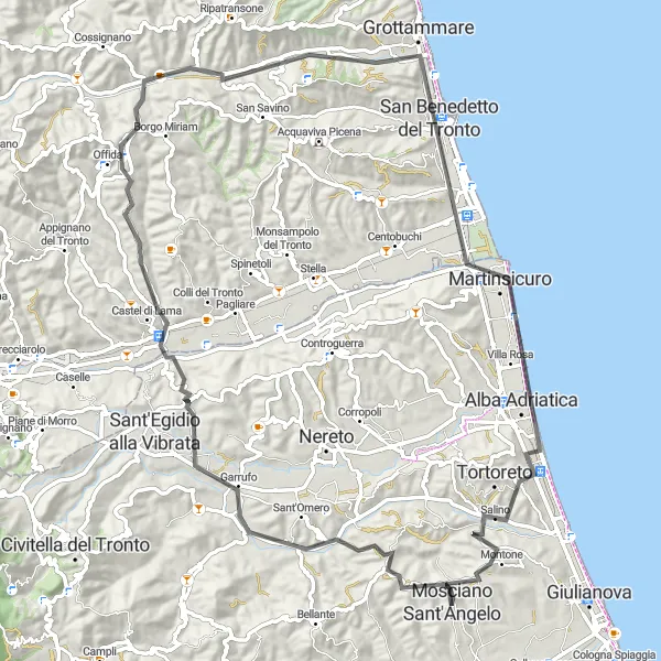 Miniature de la carte de l'inspiration cycliste "Itinéraire scénique à travers Offida et Alba Adriatica" dans la Abruzzo, Italy. Générée par le planificateur d'itinéraire cycliste Tarmacs.app