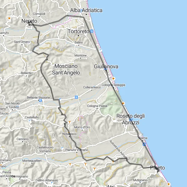 Miniatura della mappa di ispirazione al ciclismo "Giro in bicicletta di 86 km vicino a Nereto" nella regione di Abruzzo, Italy. Generata da Tarmacs.app, pianificatore di rotte ciclistiche