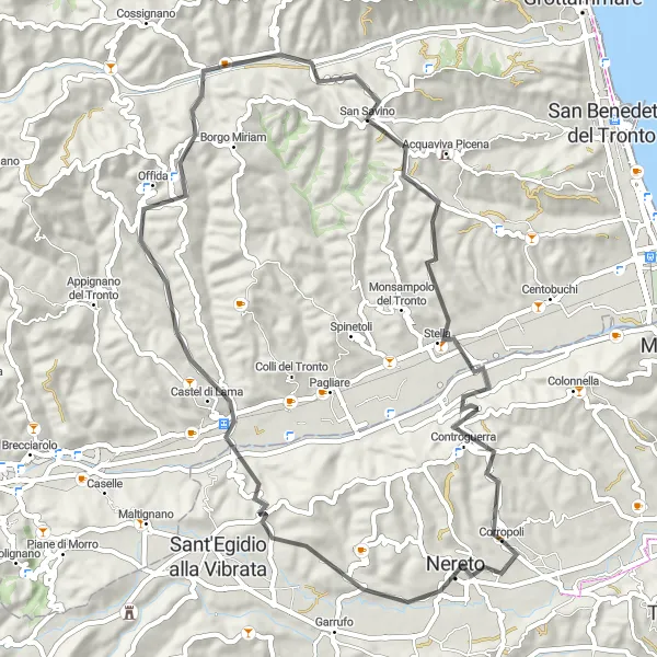 Miniatura della mappa di ispirazione al ciclismo "Giro in bicicletta da Nereto a Controguerra di 61 km" nella regione di Abruzzo, Italy. Generata da Tarmacs.app, pianificatore di rotte ciclistiche