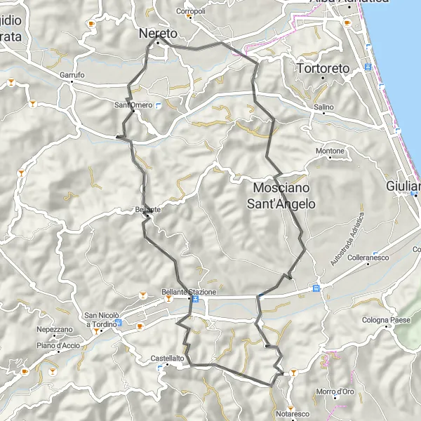 Miniature de la carte de l'inspiration cycliste "Route panoramique à travers les collines de l'Adriatique" dans la Abruzzo, Italy. Générée par le planificateur d'itinéraire cycliste Tarmacs.app