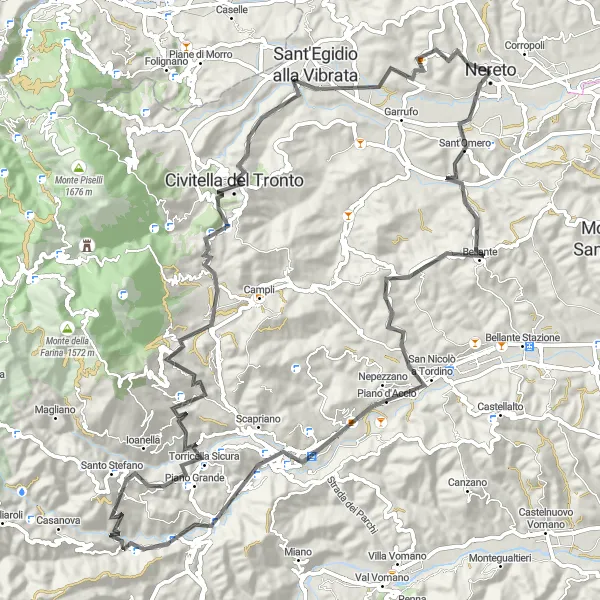 Map miniature of "The Hills of Nereto" cycling inspiration in Abruzzo, Italy. Generated by Tarmacs.app cycling route planner