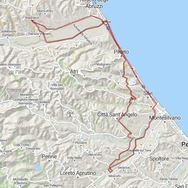 Miniatura della mappa di ispirazione al ciclismo "Gravel tra Torre di Cerrano e Casal Thaulero" nella regione di Abruzzo, Italy. Generata da Tarmacs.app, pianificatore di rotte ciclistiche