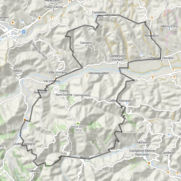 Miniatura della mappa di ispirazione al ciclismo "Ciclovia dal Notaresco a Cellino Attanasio" nella regione di Abruzzo, Italy. Generata da Tarmacs.app, pianificatore di rotte ciclistiche