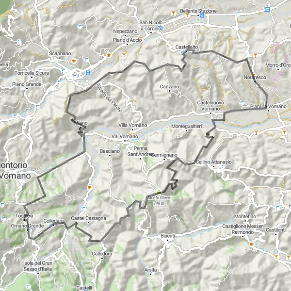 Miniature de la carte de l'inspiration cycliste "A la Découverte des Montagnes Abruzzaises" dans la Abruzzo, Italy. Générée par le planificateur d'itinéraire cycliste Tarmacs.app