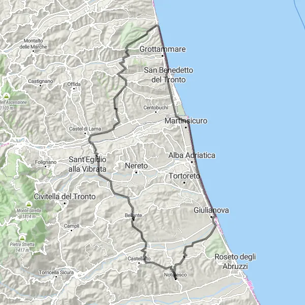 Miniature de la carte de l'inspiration cycliste "Traversée des Vallées et Bord de Mer" dans la Abruzzo, Italy. Générée par le planificateur d'itinéraire cycliste Tarmacs.app