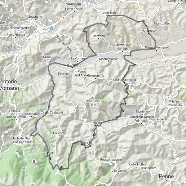 Miniatura della mappa di ispirazione al ciclismo "Tour Culturale tra Cellino Attanasio e Castel Castagna" nella regione di Abruzzo, Italy. Generata da Tarmacs.app, pianificatore di rotte ciclistiche