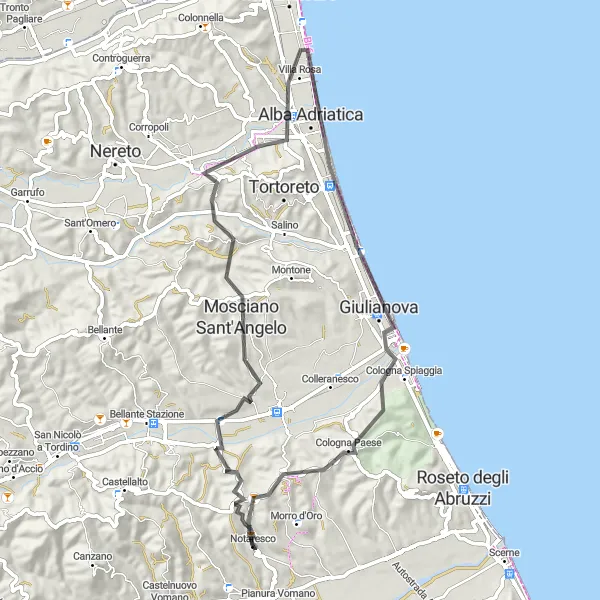 Map miniature of "Coastal Ride from Mosciano Sant'Angelo" cycling inspiration in Abruzzo, Italy. Generated by Tarmacs.app cycling route planner