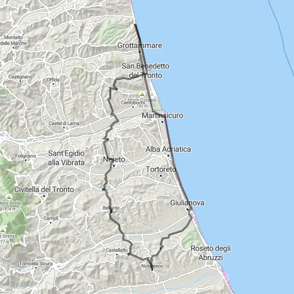 Map miniature of "Notaresco to Giulianova Loop" cycling inspiration in Abruzzo, Italy. Generated by Tarmacs.app cycling route planner