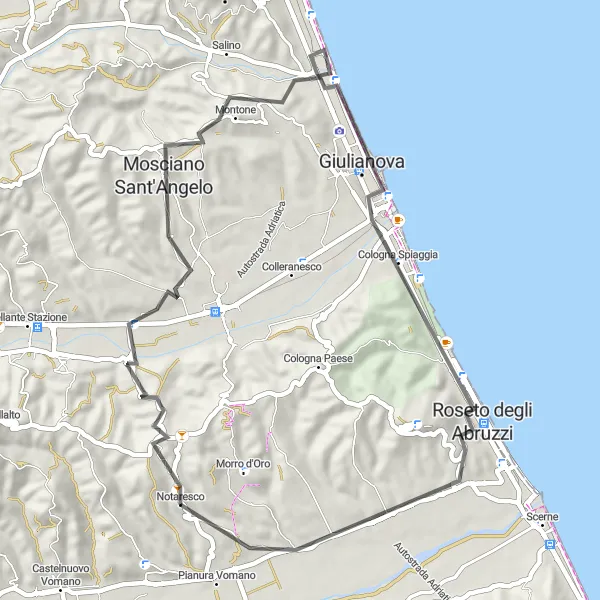 Miniatuurkaart van de fietsinspiratie "Pittoreske Route naar Mosciano Sant'Angelo en Roseto degli Abruzzi" in Abruzzo, Italy. Gemaakt door de Tarmacs.app fietsrouteplanner