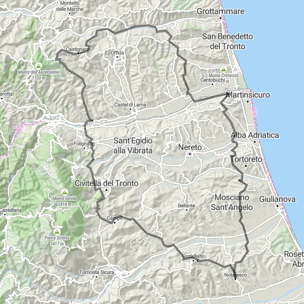 Map miniature of "Notaresco to Campli and Colonnella Loop" cycling inspiration in Abruzzo, Italy. Generated by Tarmacs.app cycling route planner