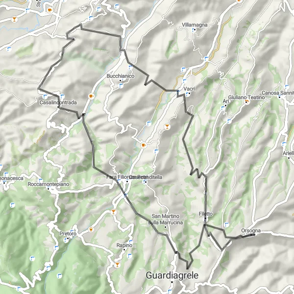 Karten-Miniaturansicht der Radinspiration "Kulturelle Reise von San Martino sulla Marrucina nach Vacri" in Abruzzo, Italy. Erstellt vom Tarmacs.app-Routenplaner für Radtouren