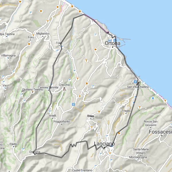 Miniatuurkaart van de fietsinspiratie "Kusttour naar Ortona en Lanciano" in Abruzzo, Italy. Gemaakt door de Tarmacs.app fietsrouteplanner