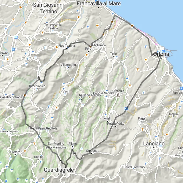 Miniatura mapy "Ścieżka wokół San Martino sulla Marrucina" - trasy rowerowej w Abruzzo, Italy. Wygenerowane przez planer tras rowerowych Tarmacs.app