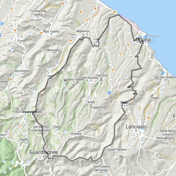 Miniatura della mappa di ispirazione al ciclismo "Tra borghi e castelli in bicicletta" nella regione di Abruzzo, Italy. Generata da Tarmacs.app, pianificatore di rotte ciclistiche