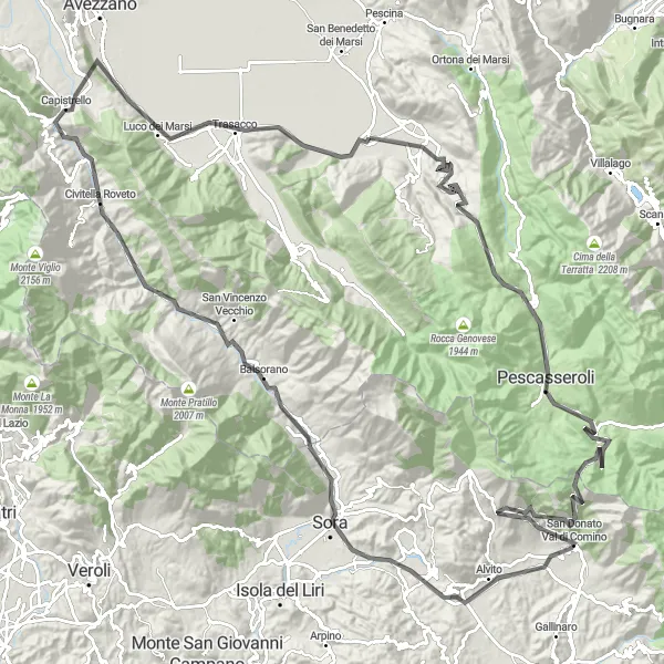 Map miniature of "The Marsi Road Loop" cycling inspiration in Abruzzo, Italy. Generated by Tarmacs.app cycling route planner