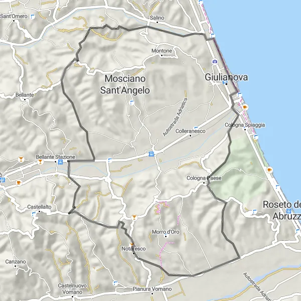 Miniature de la carte de l'inspiration cycliste "Les collines de l'Abruzzo" dans la Abruzzo, Italy. Générée par le planificateur d'itinéraire cycliste Tarmacs.app