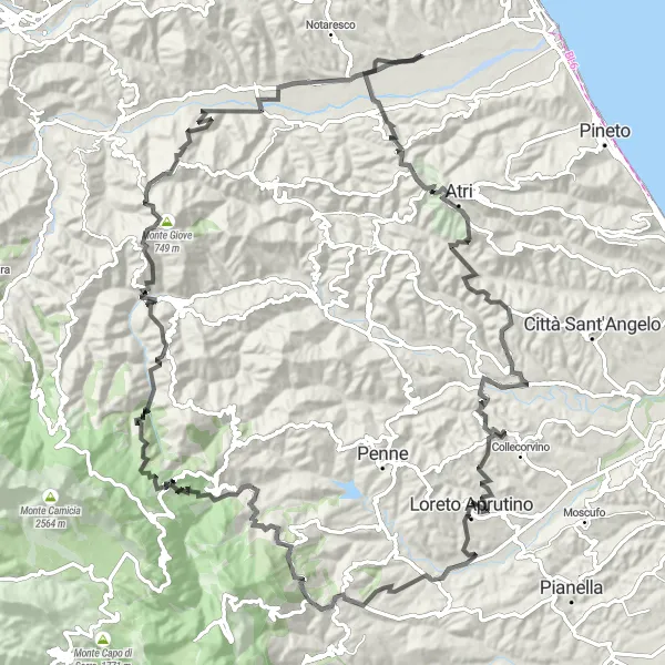 Karten-Miniaturansicht der Radinspiration "Epische Tour durch Atri, Loreto Aprutino und Monte Giove" in Abruzzo, Italy. Erstellt vom Tarmacs.app-Routenplaner für Radtouren