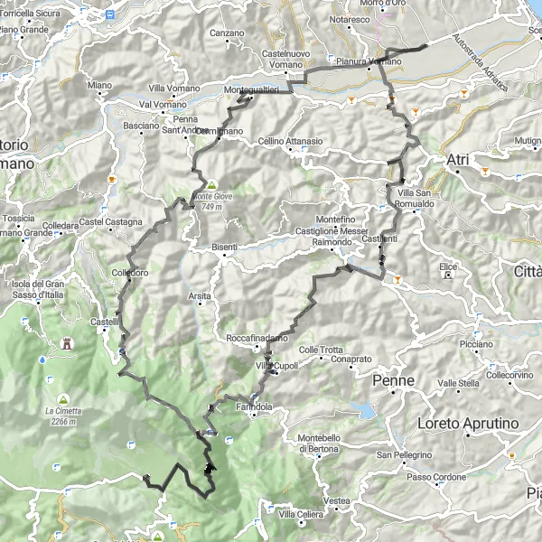 Map miniature of "The Mountain Challenge" cycling inspiration in Abruzzo, Italy. Generated by Tarmacs.app cycling route planner