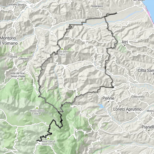 Miniature de la carte de l'inspiration cycliste "L'épopée de Monte Capo di Serre" dans la Abruzzo, Italy. Générée par le planificateur d'itinéraire cycliste Tarmacs.app
