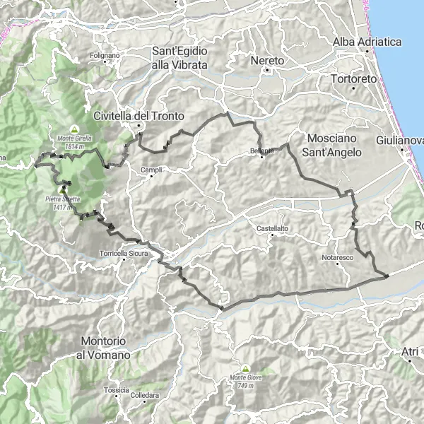 Map miniature of "Mountainous Challenge" cycling inspiration in Abruzzo, Italy. Generated by Tarmacs.app cycling route planner