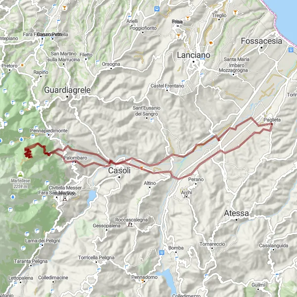 Miniatura della mappa di ispirazione al ciclismo "Esplorazione gravel da Paglieta a Casoli" nella regione di Abruzzo, Italy. Generata da Tarmacs.app, pianificatore di rotte ciclistiche