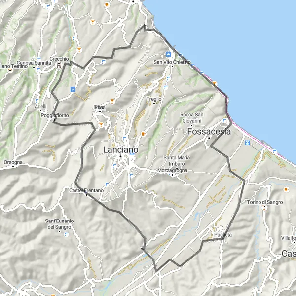 Miniatura della mappa di ispirazione al ciclismo "Giro in bicicletta da Paglieta" nella regione di Abruzzo, Italy. Generata da Tarmacs.app, pianificatore di rotte ciclistiche