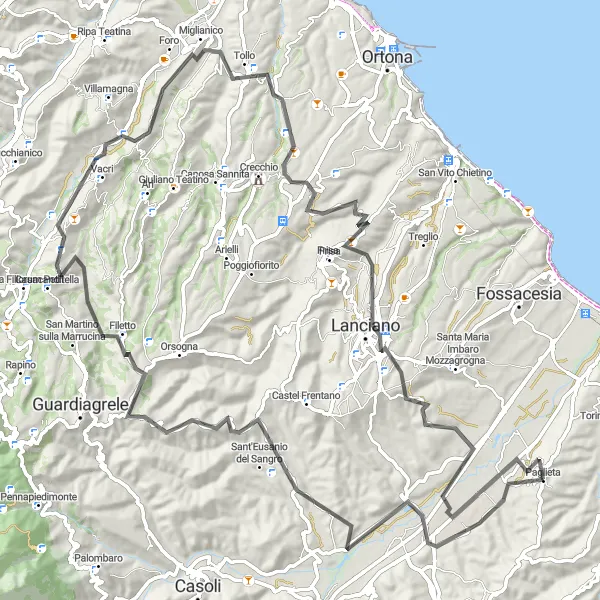 Miniature de la carte de l'inspiration cycliste "Les collines verdoyantes d'Abruzzo" dans la Abruzzo, Italy. Générée par le planificateur d'itinéraire cycliste Tarmacs.app