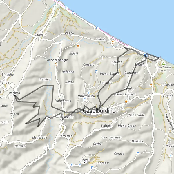 Miniatuurkaart van de fietsinspiratie "Korte wegfietsroute door Casalbordino en Torre Sinello" in Abruzzo, Italy. Gemaakt door de Tarmacs.app fietsrouteplanner