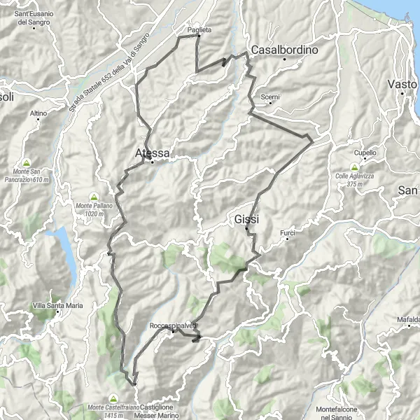 Miniatuurkaart van de fietsinspiratie "Uitdagende wegfietsroute naar Tornareccio en Gissi" in Abruzzo, Italy. Gemaakt door de Tarmacs.app fietsrouteplanner