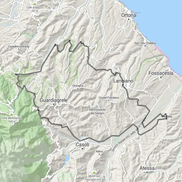 Map miniature of "Discover the Enchanting Casoli" cycling inspiration in Abruzzo, Italy. Generated by Tarmacs.app cycling route planner