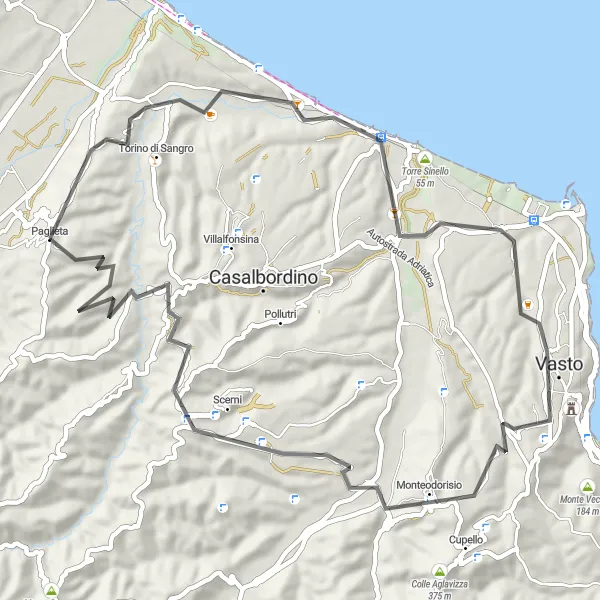 Miniatura della mappa di ispirazione al ciclismo "Vasto e Trabocco Le Morge" nella regione di Abruzzo, Italy. Generata da Tarmacs.app, pianificatore di rotte ciclistiche