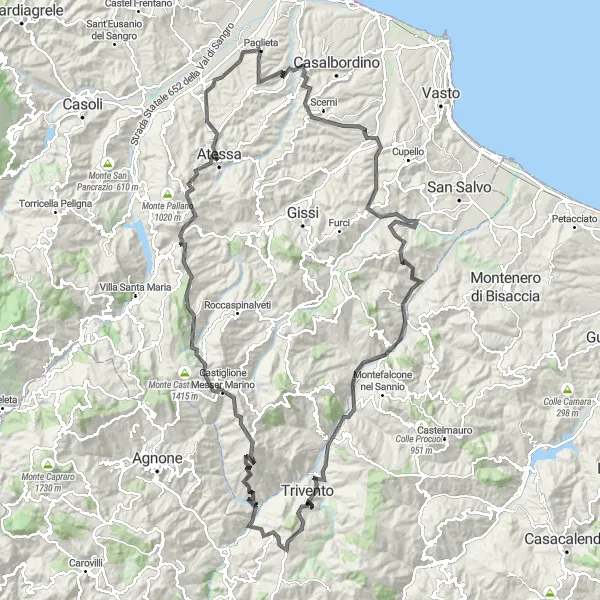 Miniatuurkaart van de fietsinspiratie "Uitdagende wegfietsroute naar Schiavi di Abruzzo en Tornareccio" in Abruzzo, Italy. Gemaakt door de Tarmacs.app fietsrouteplanner