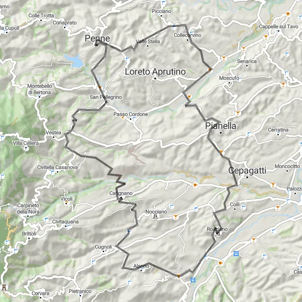 Miniatura della mappa di ispirazione al ciclismo "Penne-Catignano Cycling Route" nella regione di Abruzzo, Italy. Generata da Tarmacs.app, pianificatore di rotte ciclistiche