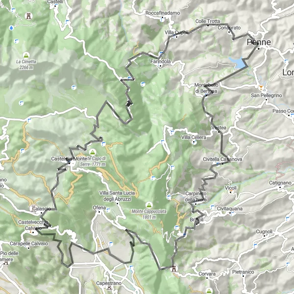 Miniature de la carte de l'inspiration cycliste "Aventure épique à travers les montagnes autour de Penne" dans la Abruzzo, Italy. Générée par le planificateur d'itinéraire cycliste Tarmacs.app