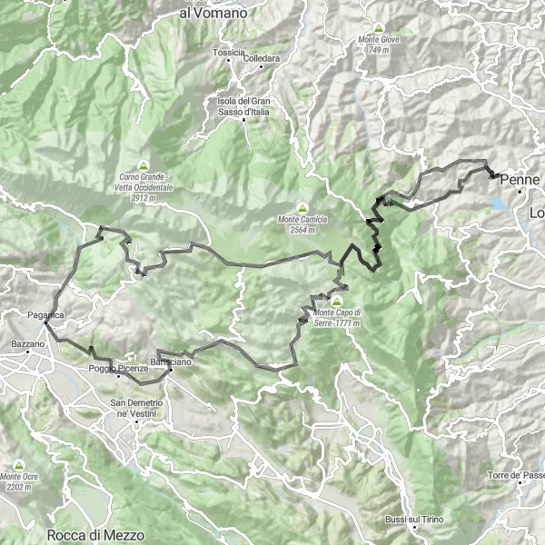 Miniatura della mappa di ispirazione al ciclismo "Giro in bicicletta da Penne in Abruzzo" nella regione di Abruzzo, Italy. Generata da Tarmacs.app, pianificatore di rotte ciclistiche