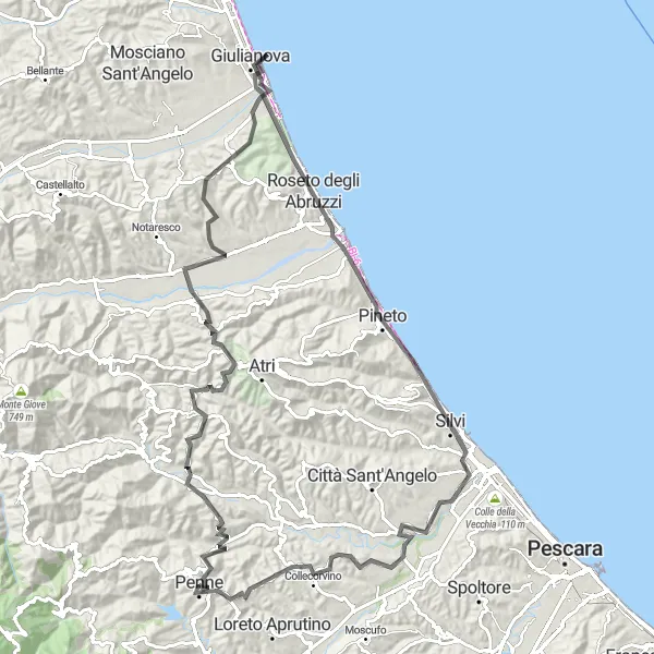 Miniatura della mappa di ispirazione al ciclismo "Percorso ciclistico da Penne a Collecorvino" nella regione di Abruzzo, Italy. Generata da Tarmacs.app, pianificatore di rotte ciclistiche