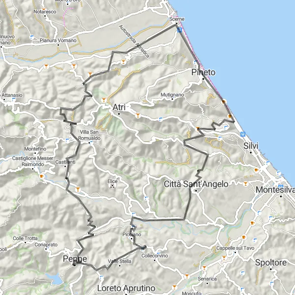 Map miniature of "Coastal Delights" cycling inspiration in Abruzzo, Italy. Generated by Tarmacs.app cycling route planner