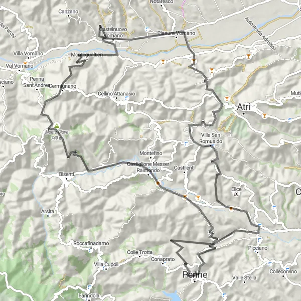 Miniature de la carte de l'inspiration cycliste "La Boucle des Villages Abruzzais" dans la Abruzzo, Italy. Générée par le planificateur d'itinéraire cycliste Tarmacs.app