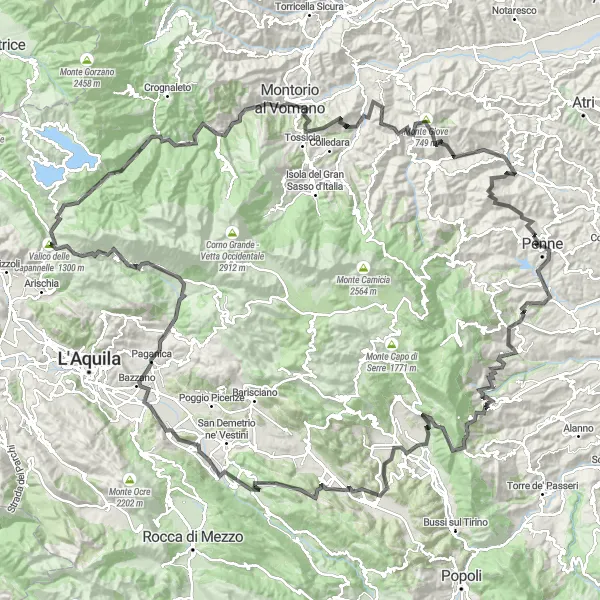 Miniature de la carte de l'inspiration cycliste "Le Défi des Sommets Abruzzais" dans la Abruzzo, Italy. Générée par le planificateur d'itinéraire cycliste Tarmacs.app