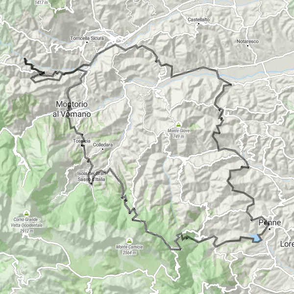 Map miniature of "Mountains and Medieval Towns" cycling inspiration in Abruzzo, Italy. Generated by Tarmacs.app cycling route planner