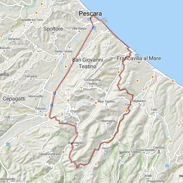 Miniatura della mappa di ispirazione al ciclismo "Tour in bicicletta tra i colli abruzzesi" nella regione di Abruzzo, Italy. Generata da Tarmacs.app, pianificatore di rotte ciclistiche