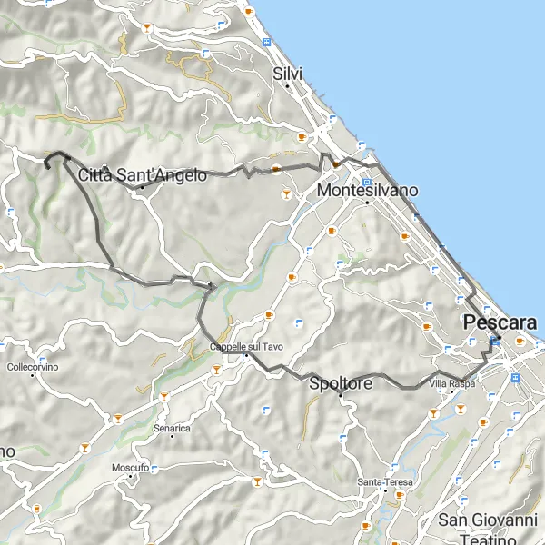 Miniatura della mappa di ispirazione al ciclismo "Giro in bicicletta da Pescara a Città Sant'Angelo" nella regione di Abruzzo, Italy. Generata da Tarmacs.app, pianificatore di rotte ciclistiche