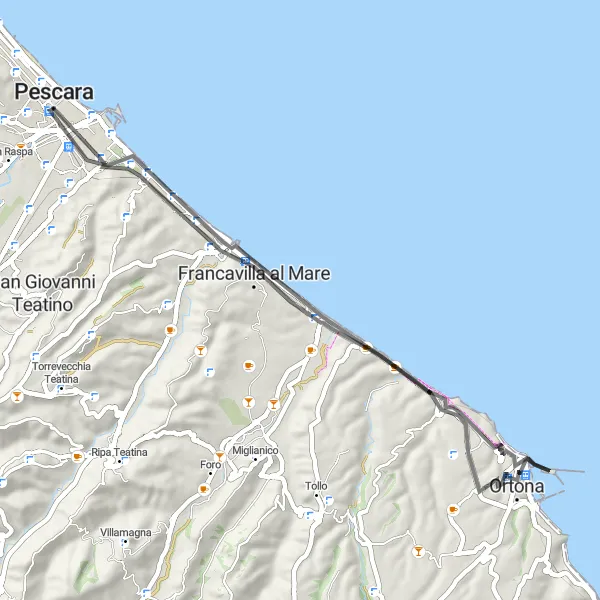 Miniature de la carte de l'inspiration cycliste "Tour autour de Pescara" dans la Abruzzo, Italy. Générée par le planificateur d'itinéraire cycliste Tarmacs.app