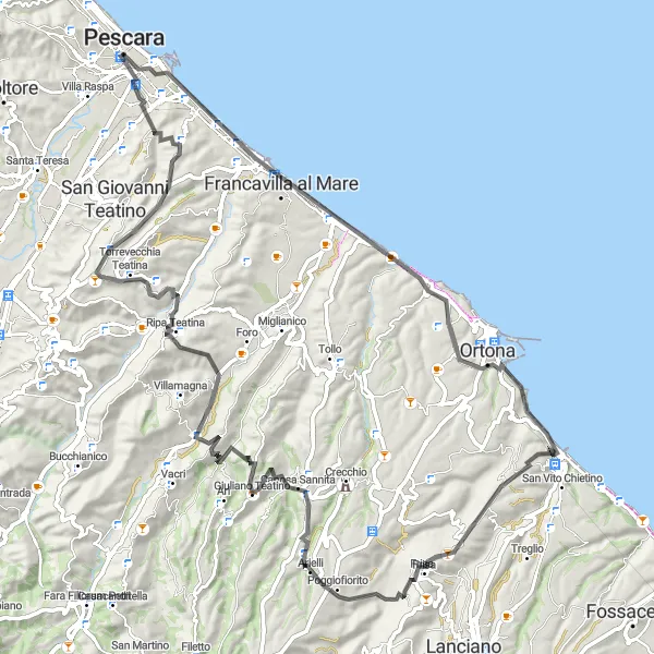 Miniatura della mappa di ispirazione al ciclismo "Giro in Bici da Pescara a Ortona" nella regione di Abruzzo, Italy. Generata da Tarmacs.app, pianificatore di rotte ciclistiche