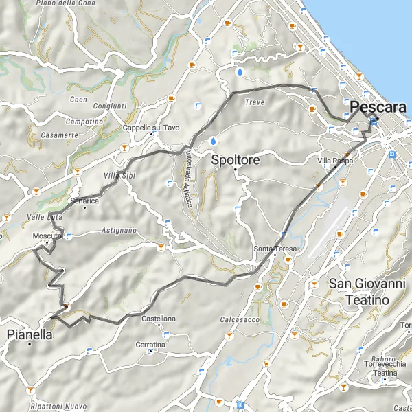 Miniatura della mappa di ispirazione al ciclismo "Breve giro in bicicletta tra Pescara e Moscufo" nella regione di Abruzzo, Italy. Generata da Tarmacs.app, pianificatore di rotte ciclistiche