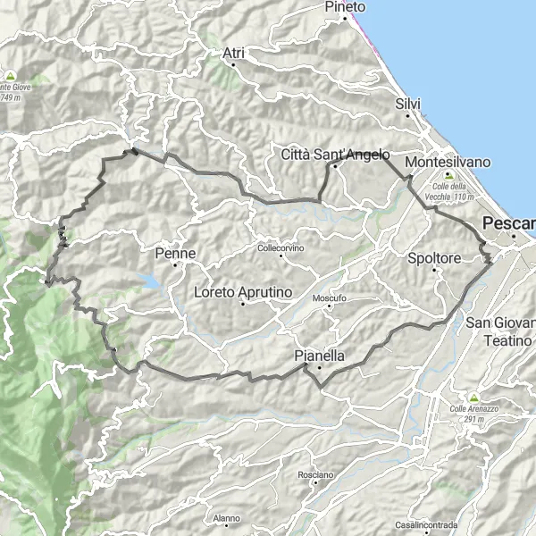 Miniatura della mappa di ispirazione al ciclismo "Tour Collinare da Pescara a Città Sant'Angelo" nella regione di Abruzzo, Italy. Generata da Tarmacs.app, pianificatore di rotte ciclistiche