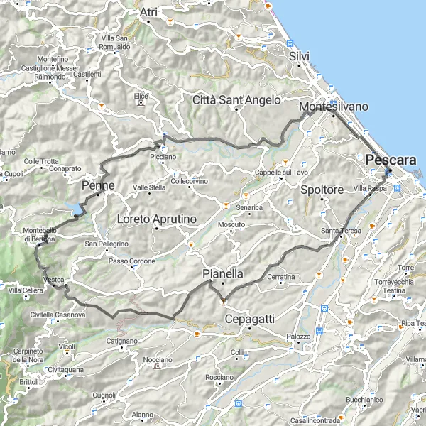 Miniature de la carte de l'inspiration cycliste "Les vallées verdoyantes de Penna" dans la Abruzzo, Italy. Générée par le planificateur d'itinéraire cycliste Tarmacs.app